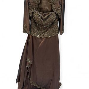 Jovani formal women's chocolate brown strapless dress with bolero jacket
